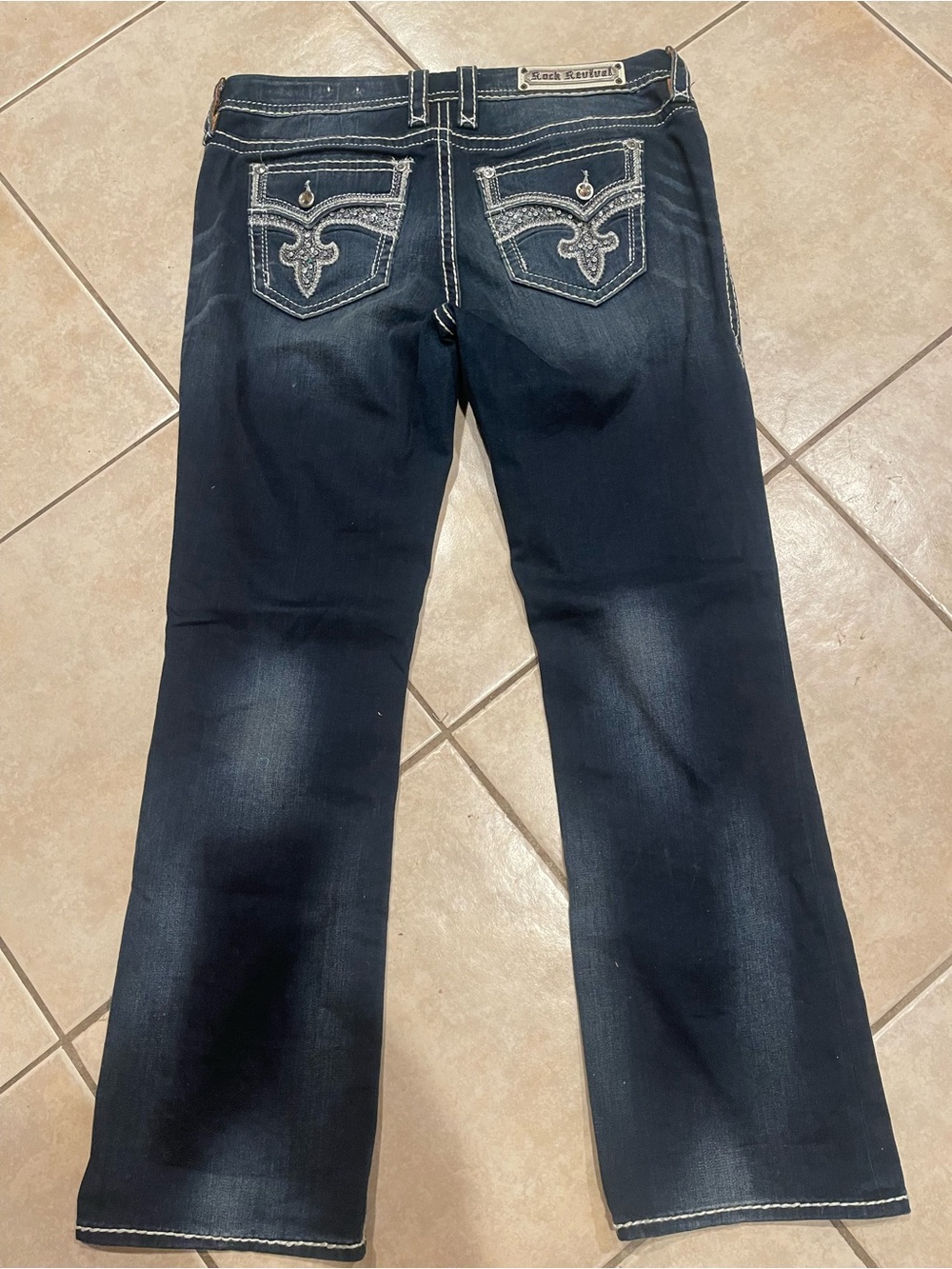 Rock Revival Women’s Dark Blue Boot Cut Jeans with Embroidered Pockets